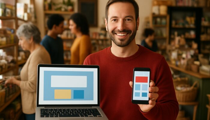 Shop owner in Tidworth displays a mobile-optimised website on a laptop while communicating with customers on a smartphone.