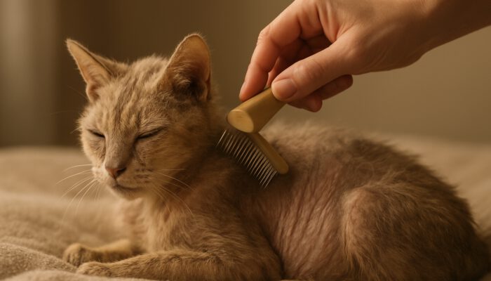 Groomer gently brushing an elderly cat's thinning fur on a soft blanket under warm lighting.