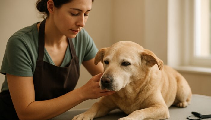 Groomer observing an elderly dog's breathing and posture during a calm, peaceful grooming session.