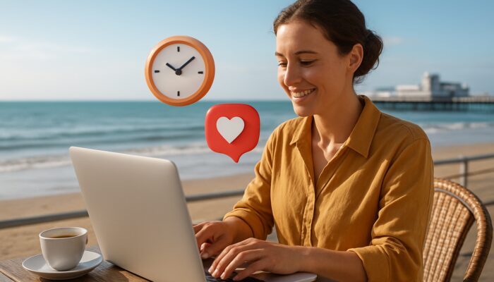 Small business owner managing social media posts on a laptop at Weston-super-Mare seaside café
