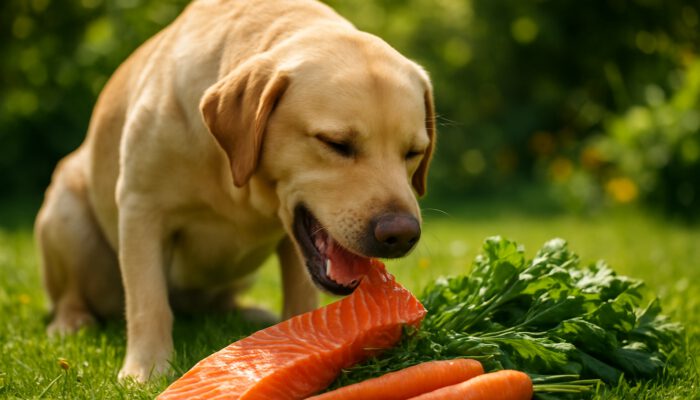 A joyful Labrador enjoying raw salmon and vegetables in a sunny garden, promoting natural pet wellness