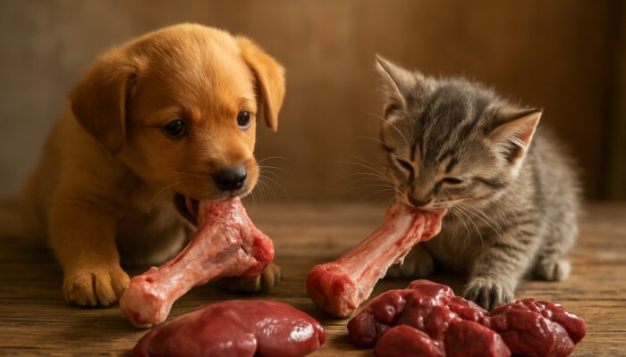 A playful puppy and kitten chewing on raw bones beside organ meats on a wooden table.
