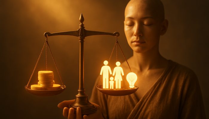 A serene figure balancing glowing coins against family, nature, and creativity icons on a golden scale.
