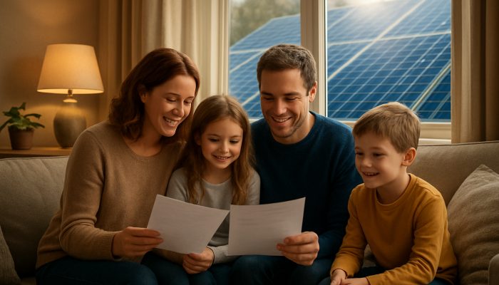 A British family reviews renewable energy fund documents in a cosy living room with glowing solar panels outside.
