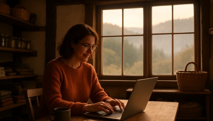 Small business owner blogging on a laptop in a quaint Lydney shop with misty views of the Forest of Dean