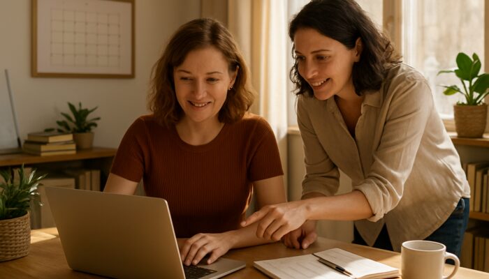 Lydney business owner planning blog posts on laptop with local expert in a sunlit office