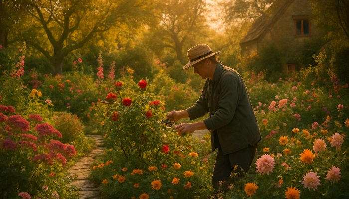 Gardener pruning roses in a vibrant Martock cottage garden during golden hour, surrounded by stone paths.