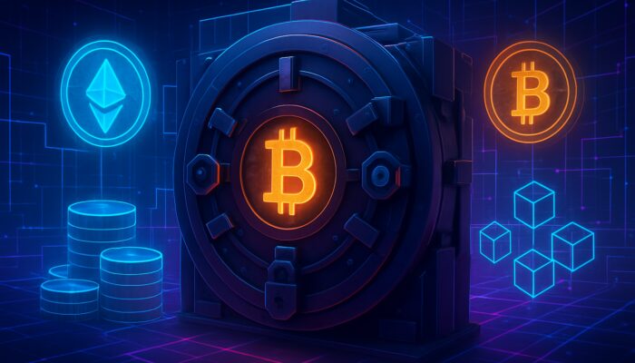 Neon cyber vault protecting glowing crypto assets with multi-sig locks and audit seals.