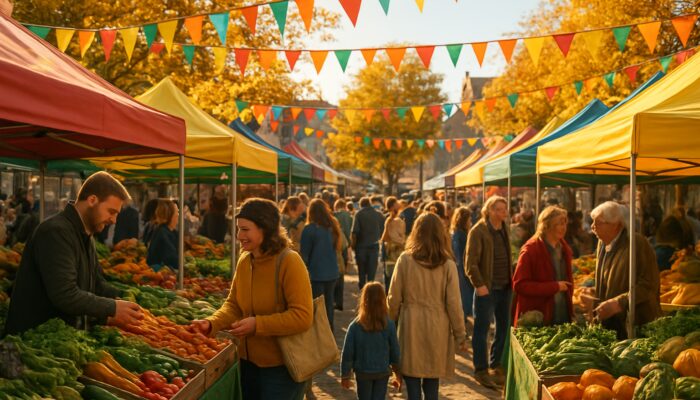 Vibrant Totnes Food Festival market with colourful stalls, fresh produce, and joyful crowds in autumn sunlight.