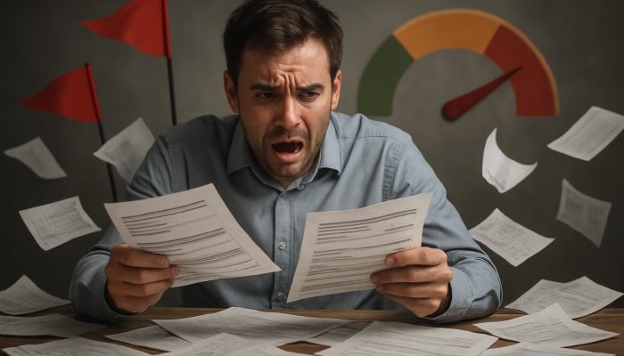 Why Closing Old Cards Might Hurt Your Score: Expert Advice | DCL Stressed person submitting multiple credit forms amid plummeting score, red flags, and chaotic papers