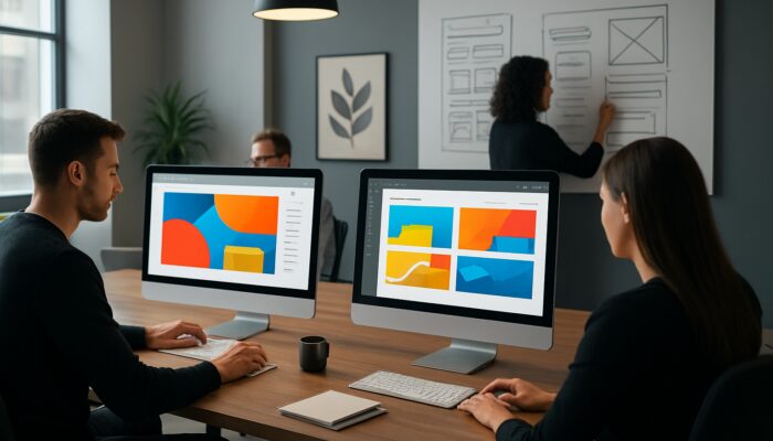 Experts in a sleek Marlborough design studio crafting vibrant WordPress websites on glowing screens.