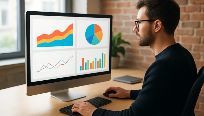 Web designer examining Google Analytics dashboards with colourful KPI charts in Marlborough office