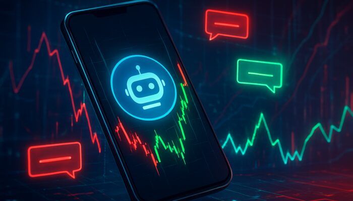 Sleek smartphone displaying Telegram bot trading alerts with vibrant green-red charts in a cyberpunk aesthetic.