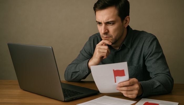 Cautious borrower verifying lender contacts on FCA register laptop amidst red warning flags for mismatches