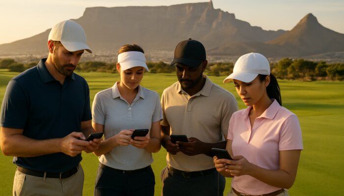 Golfers checking smartphones for pin positions at a scenic Cape Town course with Table Mountain backdrop