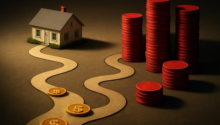 Suburban house on a timeline comparing a short low-interest mortgage path to a longer path buried in stacks of red interest.