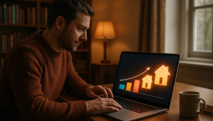 Homeowner examining vibrant UK mortgage calculator charts comparing interest totals on a laptop in a cosy study.