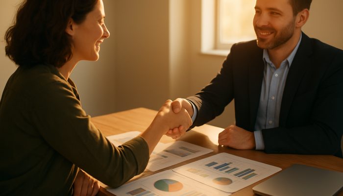 Borrower and lender shaking hands over financial charts on a sunlit desk, symbolising transparent communication.