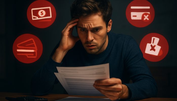Preparing Statements if Your Spending Looks Risky | DCL Worried person reviews bank statements amid red icons warning of overdrafts and maxed credit cards.