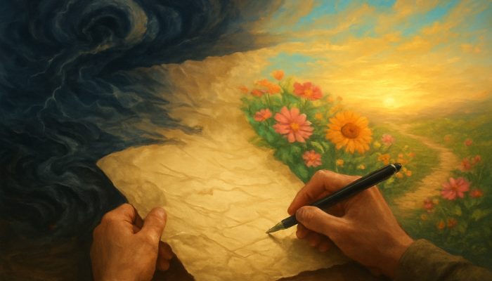 Updating Plans When Life Circumstances Change | DCL Person rewriting crumpled life roadmap as storms bloom into flowers at sunrise