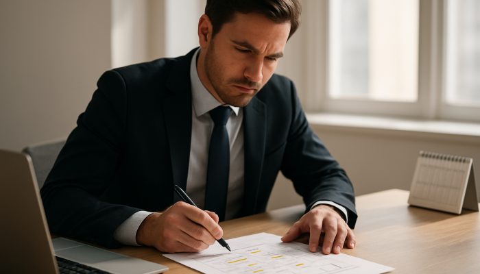 Focused professional reviewing essential steps of return-to-work plan at sunlit office desk