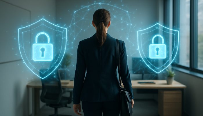 Employee returning to a serene office, protected by glowing digital shields and locks for GDPR privacy.