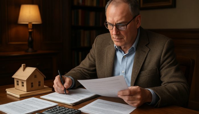 British landlord reviewing HMRC tax returns and tenancy documents at wooden desk in study