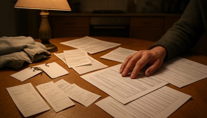 Cluttered British kitchen table with grocery receipts, fuel bills, and bank statements under lamplight for expense review.