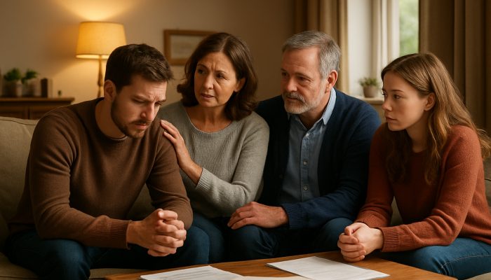 Family reviewing debt management plans in cozy UK living room with reassuring expressions.