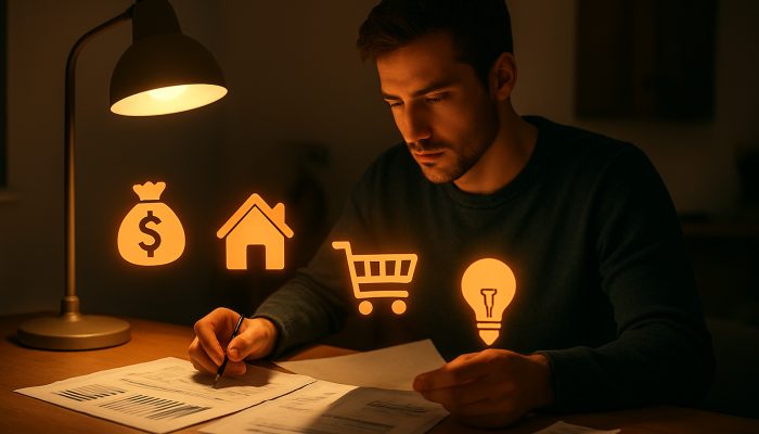 Options if Your Score Is Too Low for Loans: Seek Help Now | DCL Focused individual analysing income charts and expense receipts illuminated by a warm desk lamp.