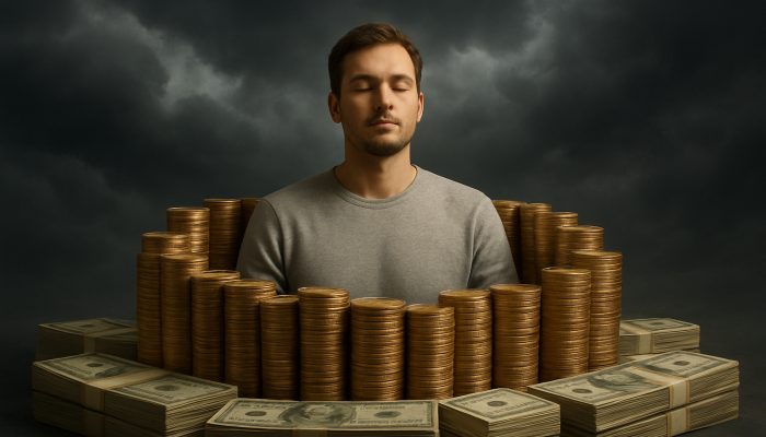 Options if Your Score Is Too Low for Loans: Seek Help Now | DCL Person protected by a fortress of gold coins amidst stormy clouds, signifying the importance of emergency funds.