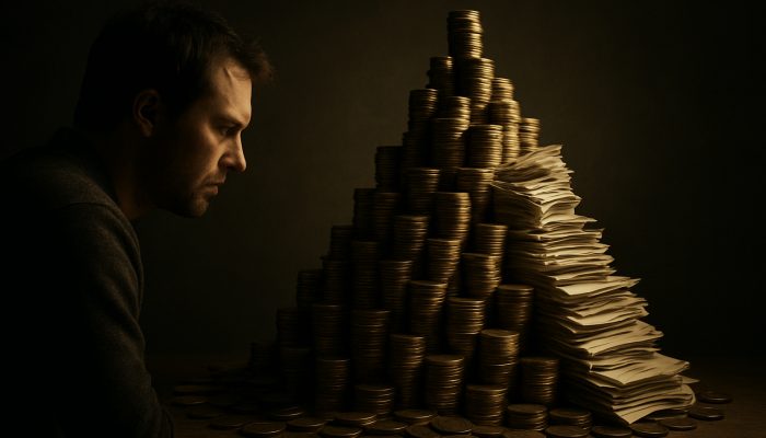 UK borrower gazes at towering mountain of coins and papers symbolising consolidation loan fees