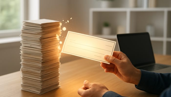 Refunds and How They Affect Your Debt Plan: Key Insights | DCL Person receiving glowing refund check reducing debt stack in modern home office with laptop plan