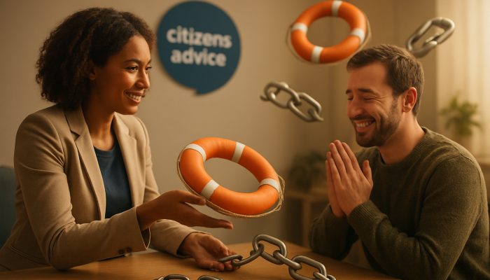 Where to Seek Specialist Debt Health Advice: Local Help | DCL Citizens Advice advisor providing debt relief lifeline with symbolic lifebuoy in warm office setting