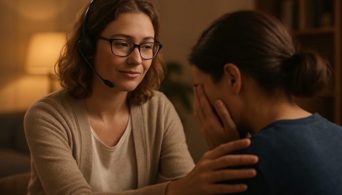 Where to Seek Specialist Debt Health Advice: Local Help | DCL Empathetic UK debt counselor offering calm helpline support in cozy room with warm lighting.