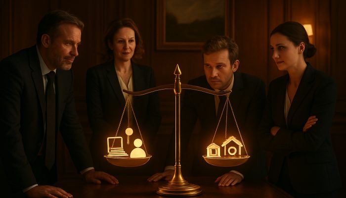 British executives balance flexible work icons against traditional values on glowing scale in oak office